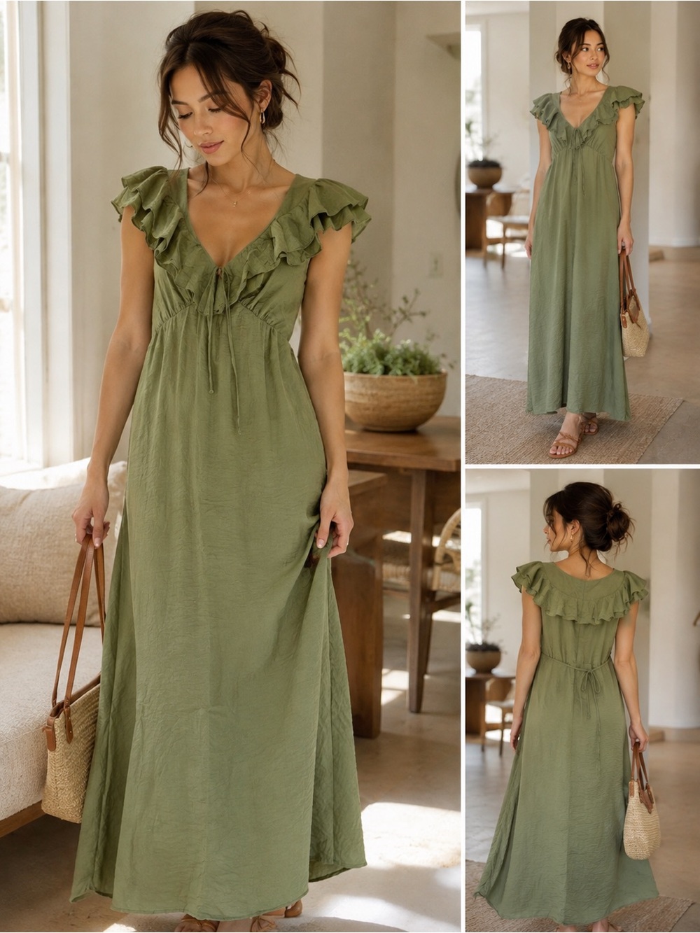 Old Navy Olive Green Ruffle Maxi Dress Cottagecore Prairie Boho XL NWT